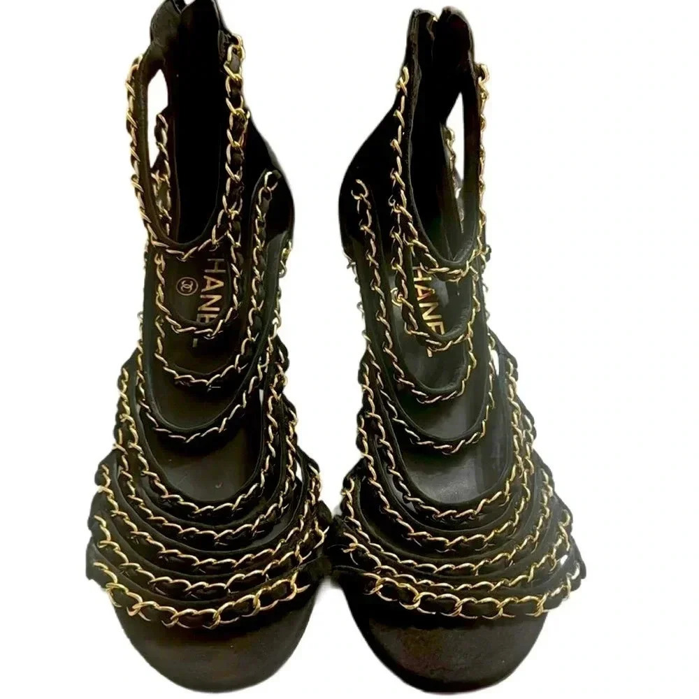 CHANEL Black Kid Suede Gold Chain Gladiator Open-Toe Sandals Mid Heel, 38